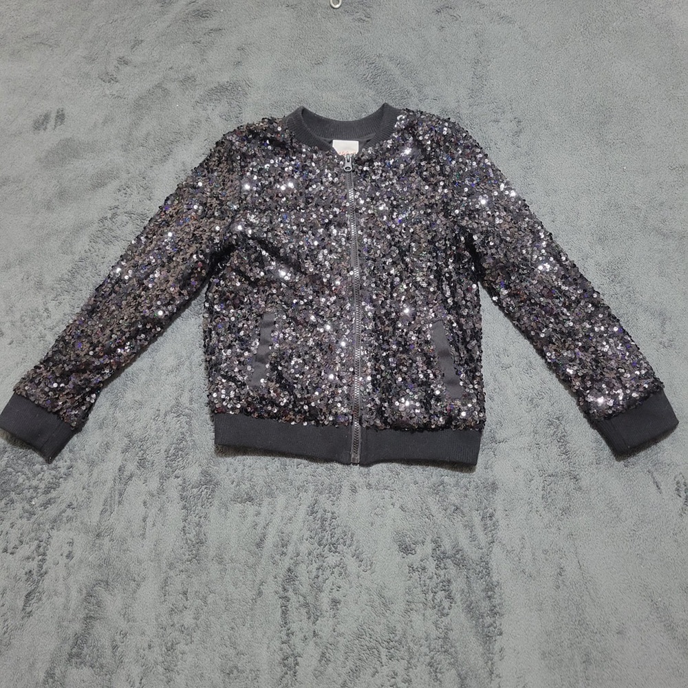 Cat & Jack Girls Black Sparkle Sequin Casual Bomber Jacket